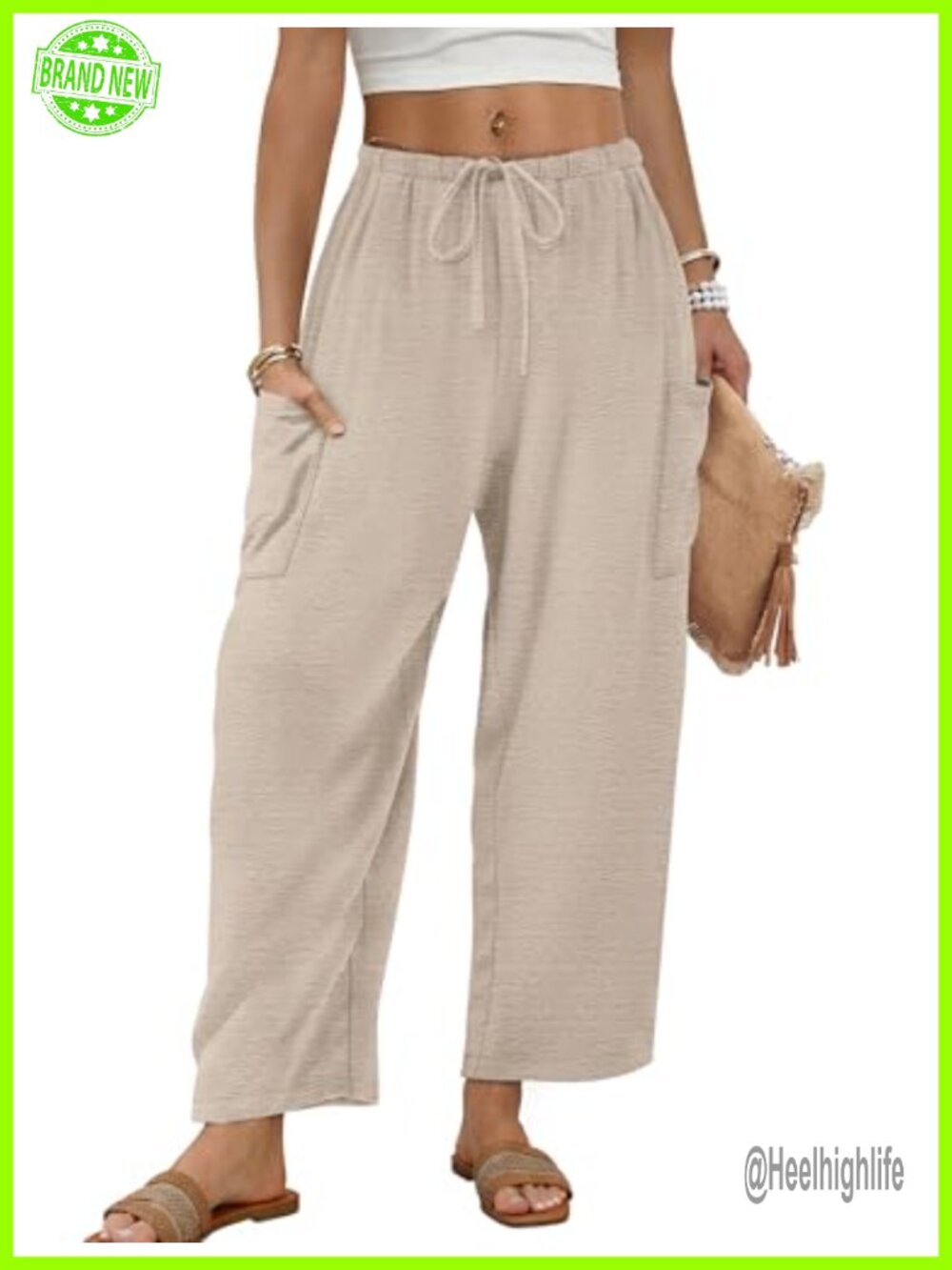 Wide Leg Palazzo Pants Flowy Elastic Waist Trousers with Pockets